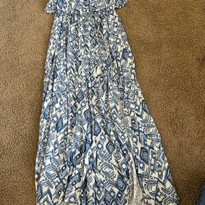 Blue and White Patterned Maxi Dress